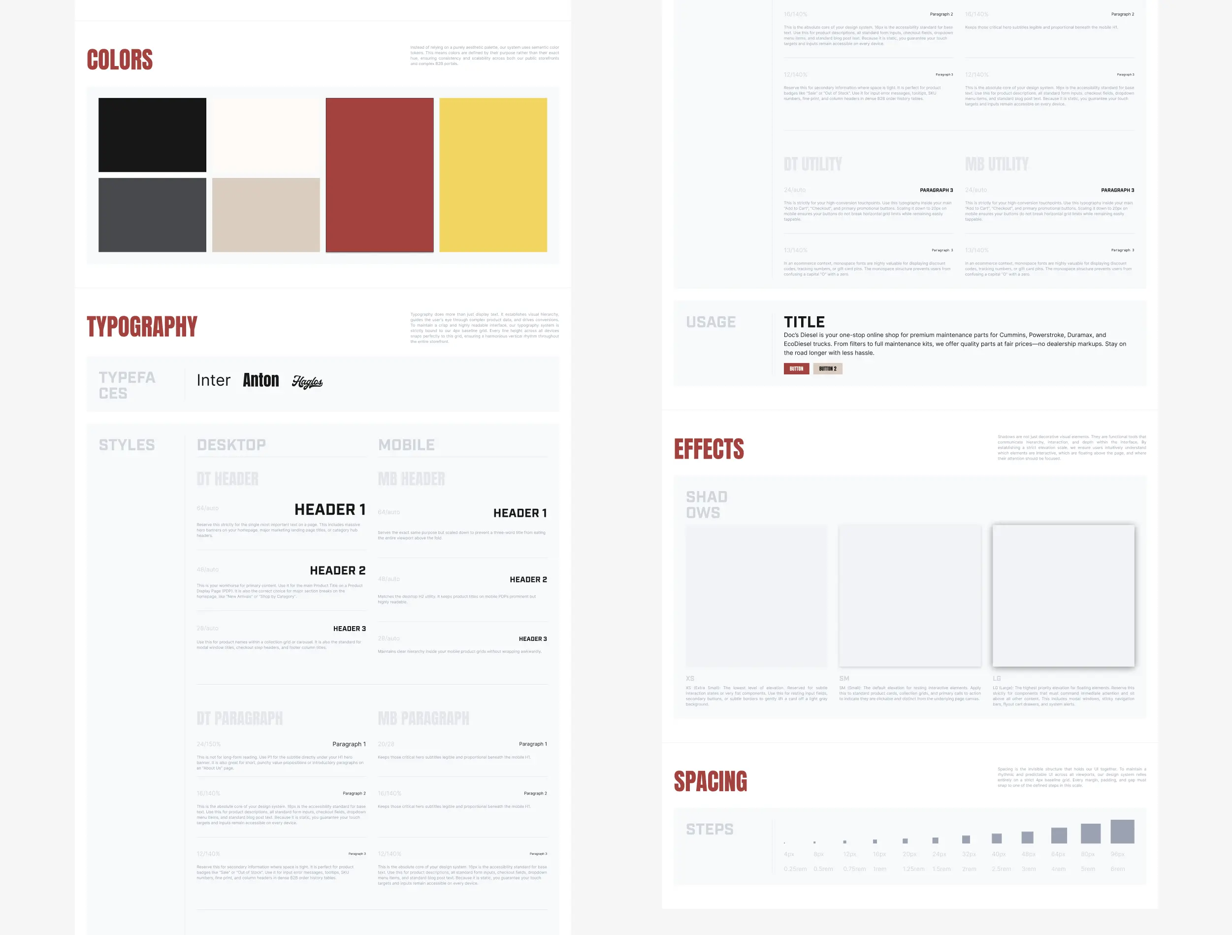 Doc's Diesel design system with colors, typography, effects and spacing