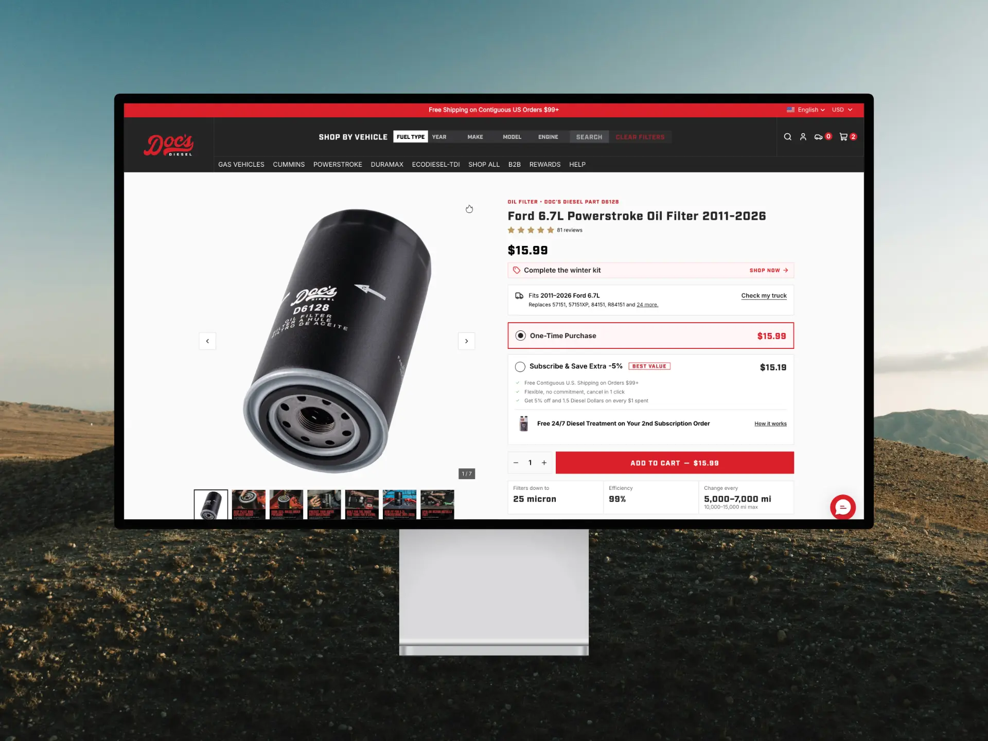 Product page on desktop with fitment, subscription and trust strip