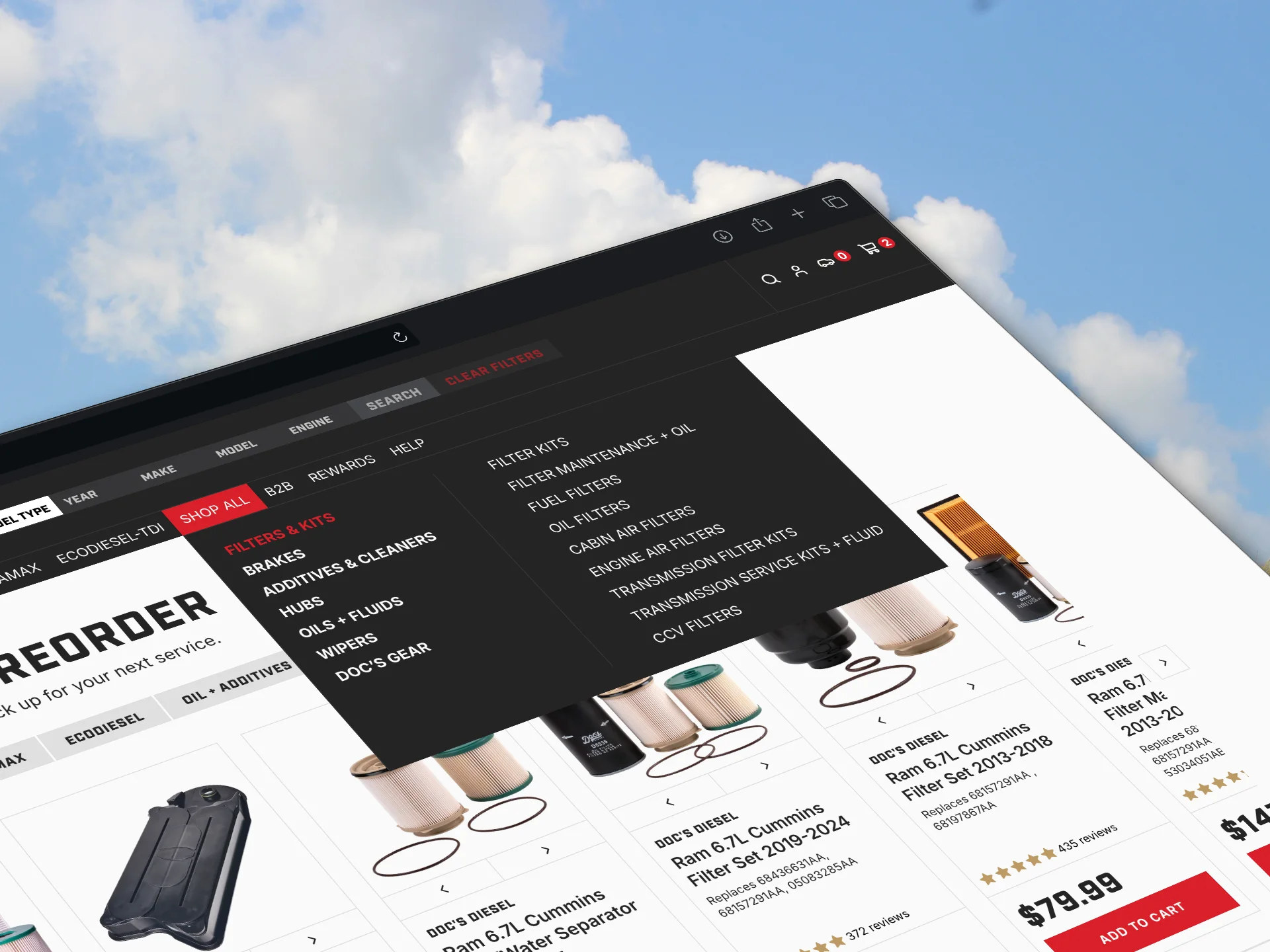 Job-first menu with filters, kits, fluids and gear