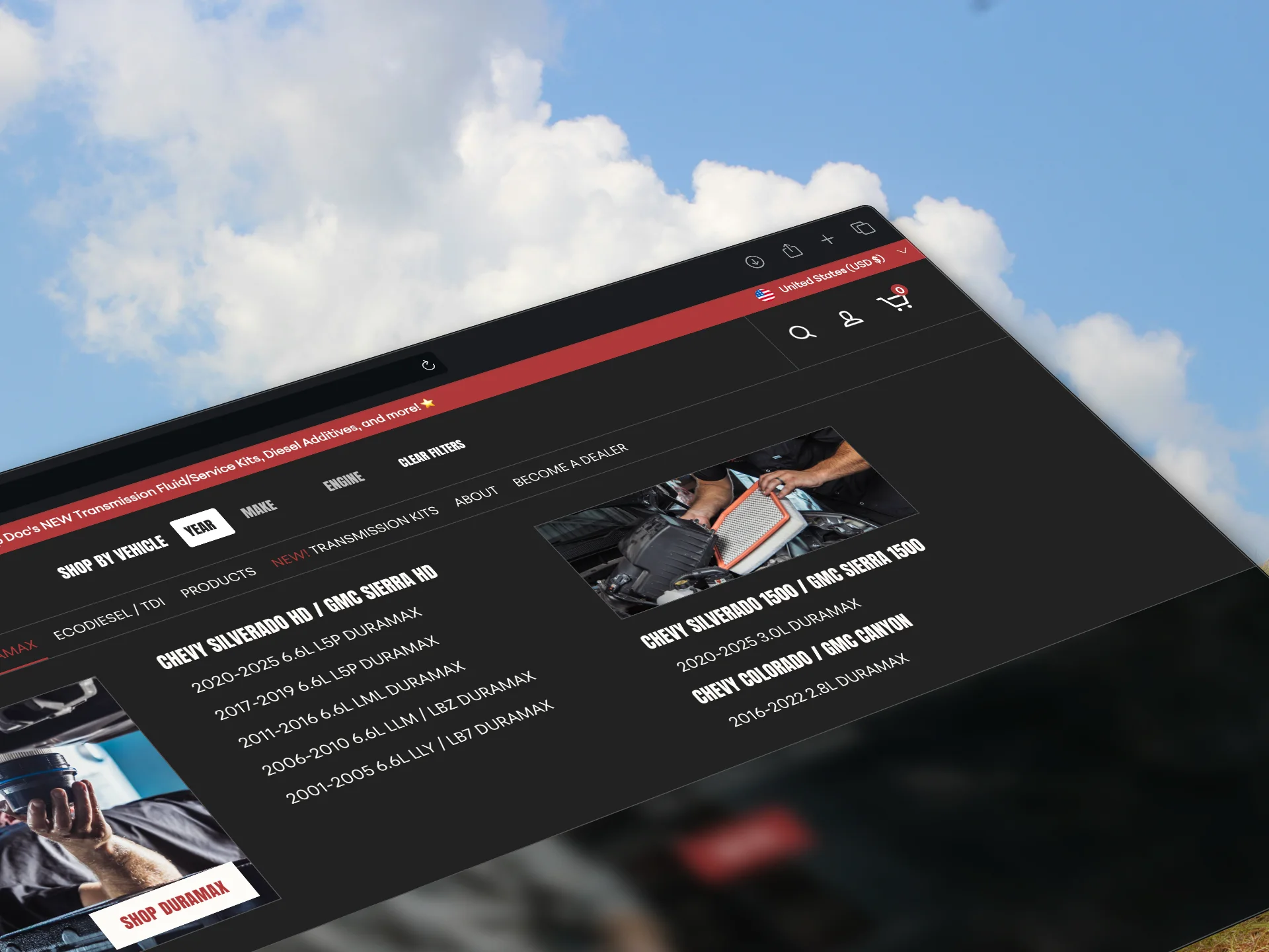 Shop by vehicle menu, organized by truck make and engine